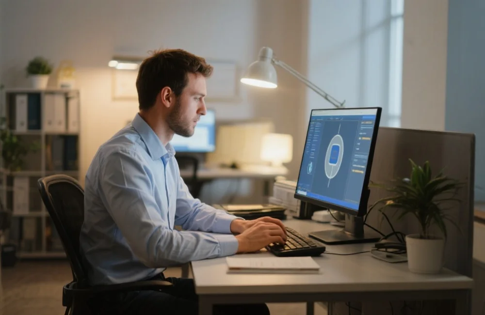 一名技术支持人员正在办公室通过电脑为用户远程解答安装问题，画面温馨且专业